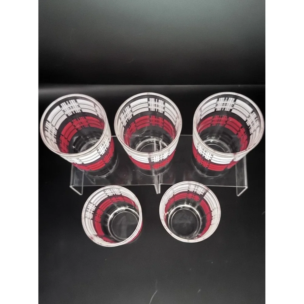 (5) Vintage Barware Hi-Ball Cocktail Glass Tumblers Black White & Red Plaid 5